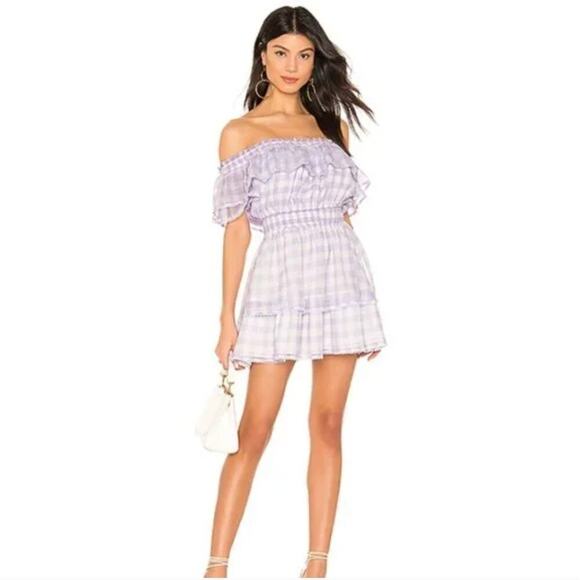 Majorelle $178 Purple gingham Off Shoulder Ruffle Mini Dress - Picture 1 of 6